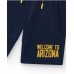 Navy blue boys' Bermuda shorts with elastic waistband and front print 