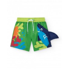 Boys' green swim shorts with shark and fin 